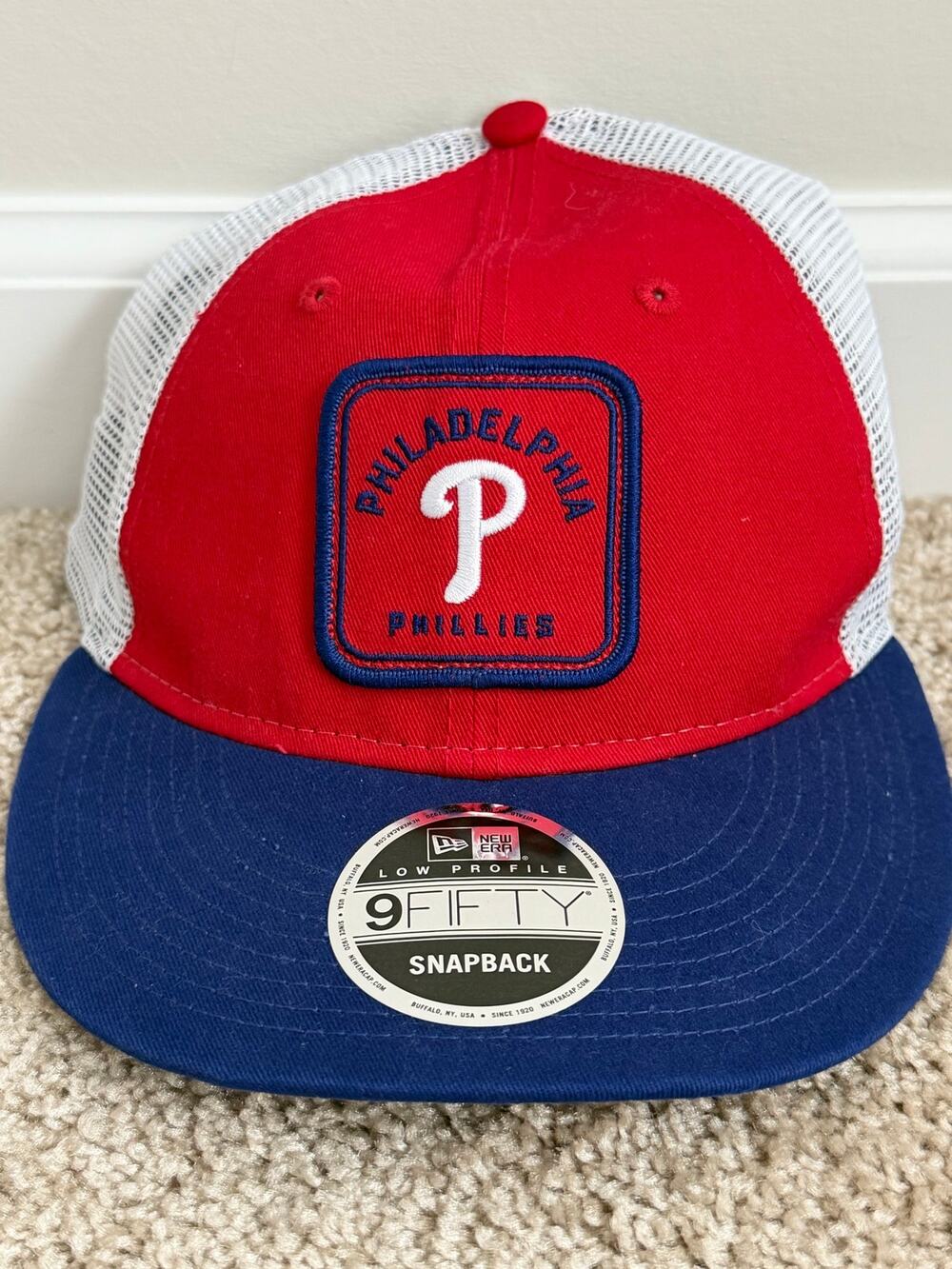 Philadelphia Phillies New Era Red Square Patch 9FIFTY Trucker Hat New